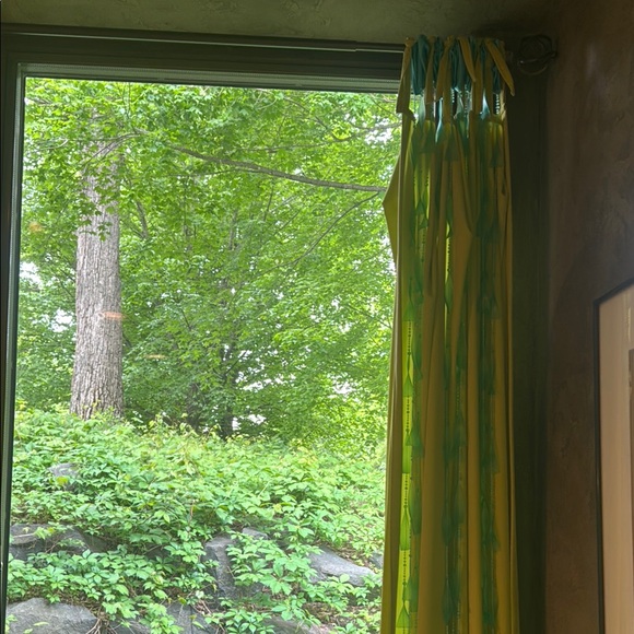 Chartreuse green velour drapes with aqua blue trim and accents - Picture 4 of 6